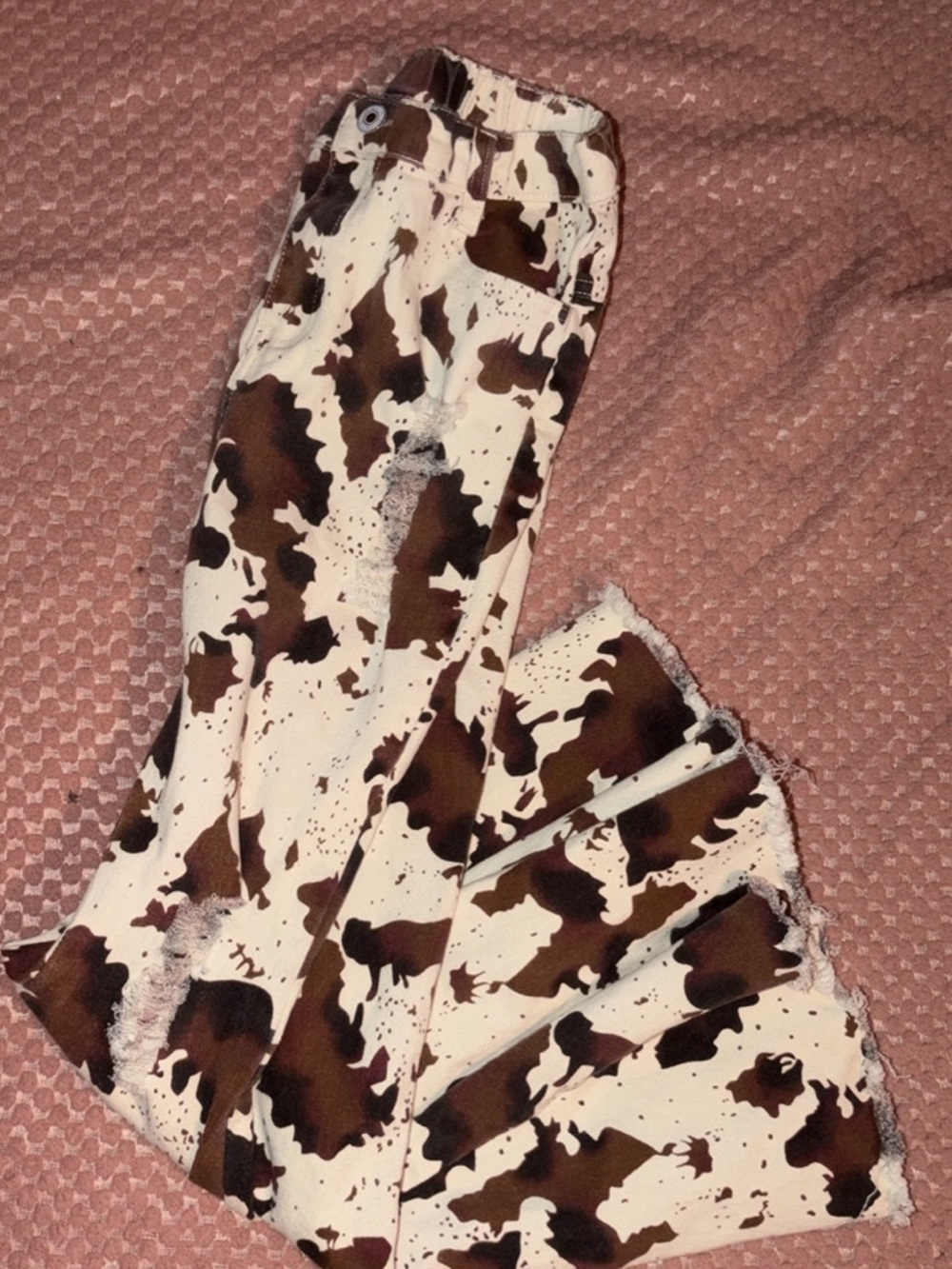 Kids Cow-Print Brown & White Distressed Jeans